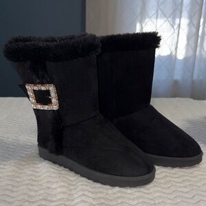 Ashley Blue Big Girls Black Faux Fur-Lined Boots with buckle size 6